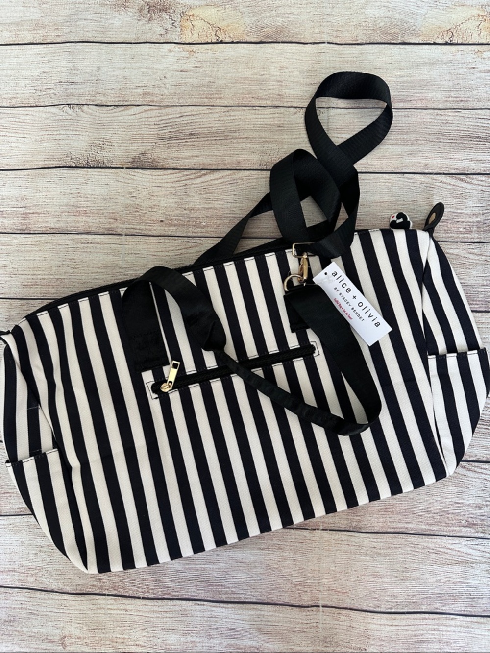 Alice + Olivia Black and White Striped Travel Canvas Duffel Bag